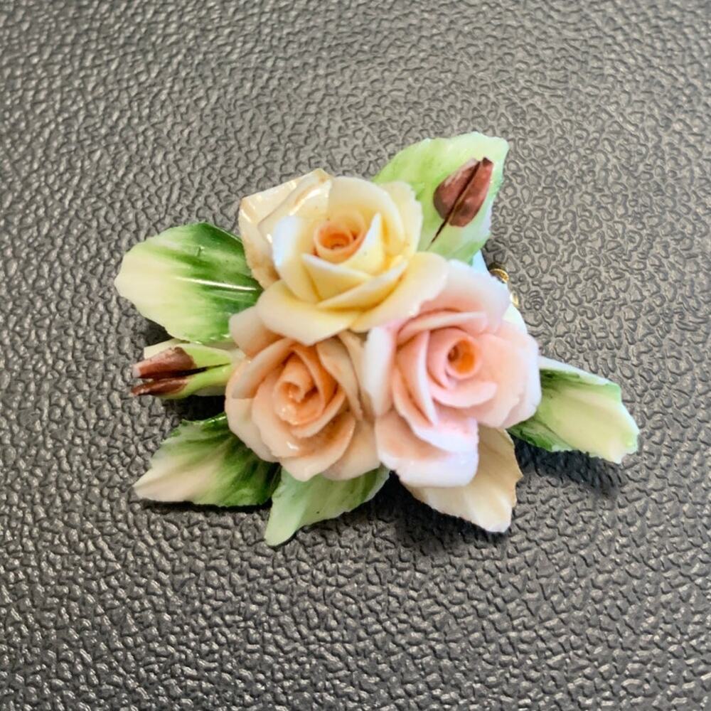 Vintage Capodimonte Carlo Savastano Porcelain Rose Brooch Pin